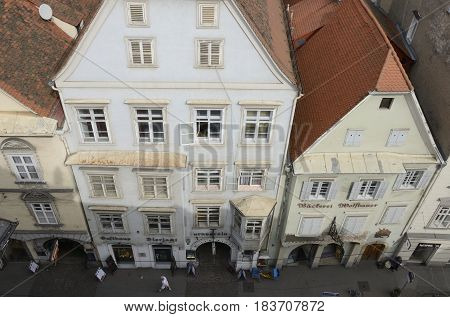 GRAZ, AUSTRIA - MARCH 20, 2017: View of buildings at the Herrengasse street from the top of the Kastner and Ohler warehouses in Graz the capital of federal state of Styria Austria.