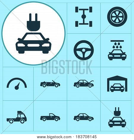 Car Icons Set. Collection Of Van, Wheel, Repairing And Other Elements. Also Includes Symbols Such As Fixing, Wheelbase, Steering.