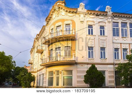 View on classic style building fascade in Evpatoria town, Crimea