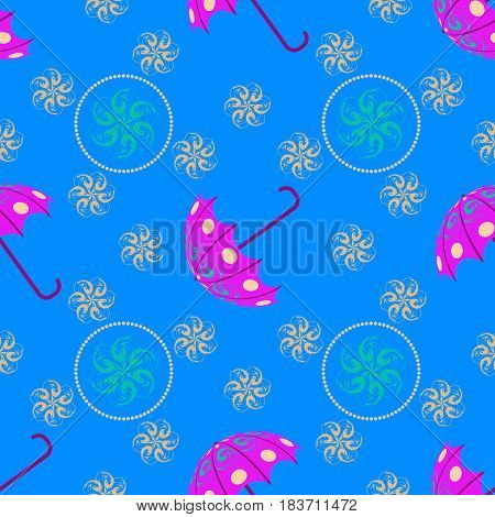 Pink umbrellas on blue background seamless pattern. Vector seamless pattern