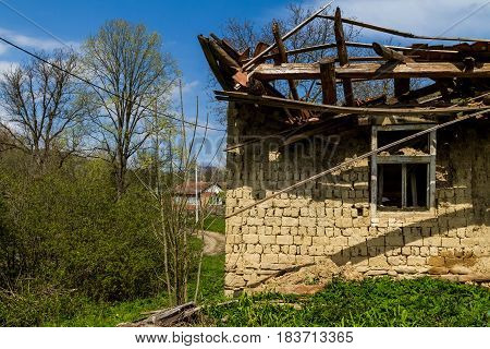 Roztots'ka Pastil' Ukraine - April 25 2017: Fragment of an abandoned old adobe house on the outskirts of the village in the south-western Ukraine.
