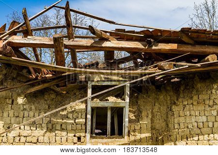 Roztots'ka Pastil' Ukraine - April 25 2017: Abandoned old adobe house on the outskirts of the village in the south-western Ukraine.