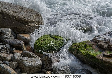 waves breaking into the shore in the late afternoon
