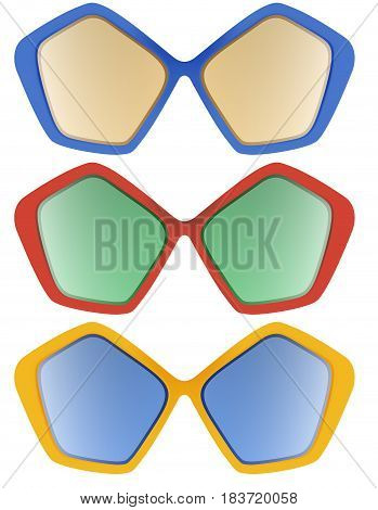 Realistic vector mulricolor illustration of sun protection sunglasses with vivid multicolored abstract gradient mesh on light background