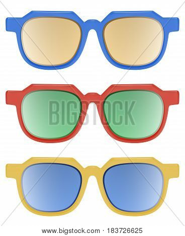 Realistic vector mulricolor illustration of sun protection sunglasses with vivid multicolored abstract gradient mesh on light background