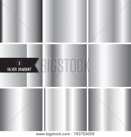Set of silver foil texture background. Collection grey, chrome  vector elegant gradient. Aluminum industrial pattern design.