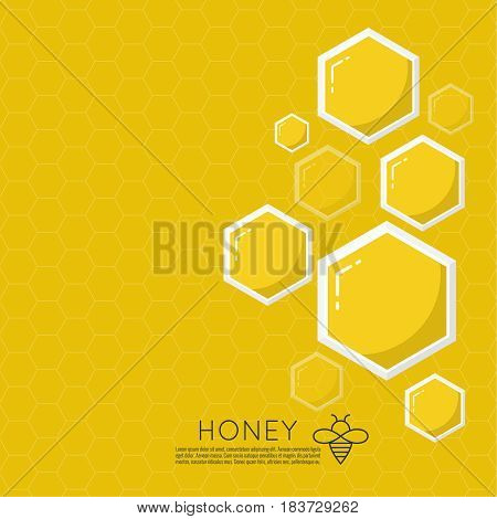 Vector icon honeycomb. Abstract background with yellow honey comb. Hexagon and drop. Iisolated illustration. Contemporary modern style design. Flying honeybee. Bee insect.