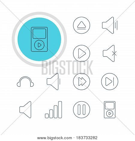 Vector Illustration Of 12 Melody Icons. Editable Pack Of Mp3, Decrease Sound, Rewind And Other Elements.