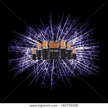 Explosion Li-ion batteries on a black background.