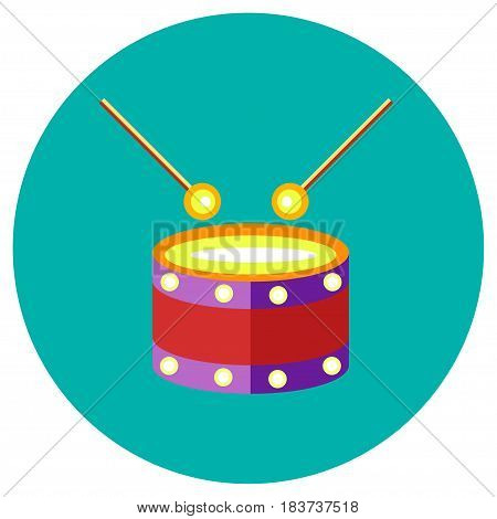 Icons drum of toys in the flat style. Vector image on a round colored background. Element of design, interface