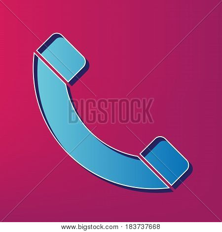 Phone sign illustration. Vector. Blue 3d printed icon on magenta background.