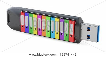 Flash drive with office folders 3D rendering isolated on white background