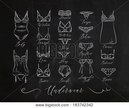 Set of classic underwear icons in vintage style drawing with chalk on chalkboard