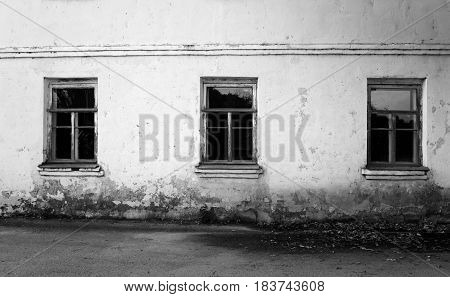 Fragment of old house in Krasnoye Selo Russia. Black and white.