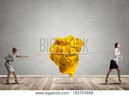 Two businesswomen playing tag of war game