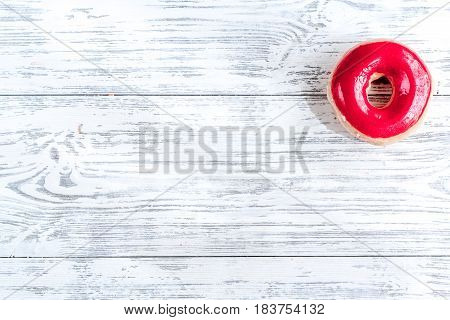 food design with strawberry donat colorful set on wooden table background top view mockup