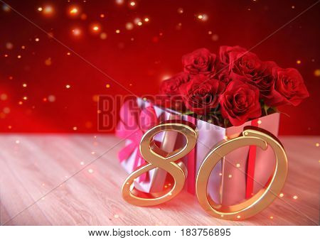 birthday concept with red roses in gift on wooden desk. 3D render - eightieth birthday. 80th