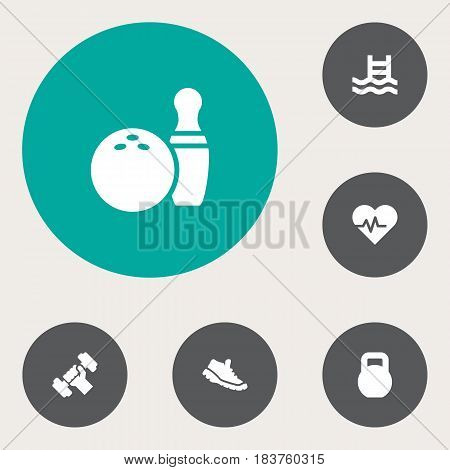 Set Of 6 Training Icons Set.Collection Of Basin, Kegling, Sneakers And Other Elements.