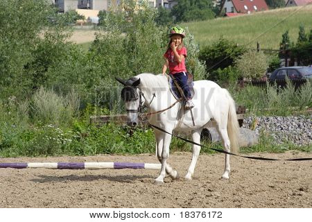 Ragazza giovane formazione sul cavallo bianco