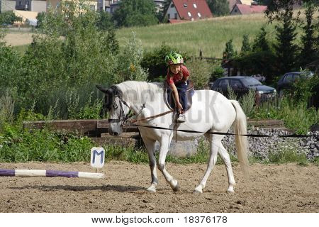 Ragazza giovane formazione sul cavallo bianco