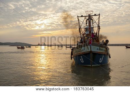 PRACHUAP KHIRI KHAN THAILAND - MARCH 29 : thai fishery boat approaching to klong wan port early moring on march 29 2017 in prachuap khiri khan southern of thailand