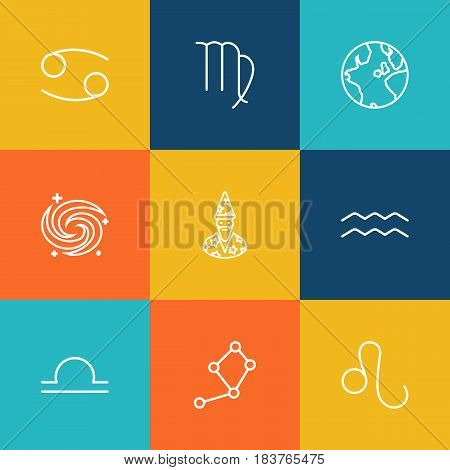 Set Of 9 Galaxy Outline Icons Set.Collection Of Cancer, Libra, Leo And Other Elements.