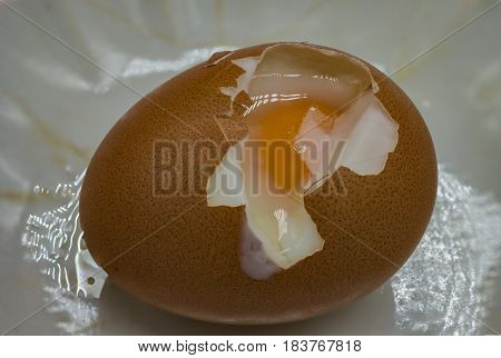frest soft boiled egg with shell beside and selective focus.