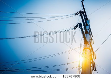 High voltage tower isolated on skyblue toned.