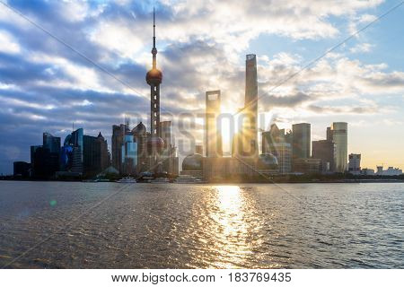 Shanghai skyline panoramalandmarks of Shanghai with Huangpu river in China.