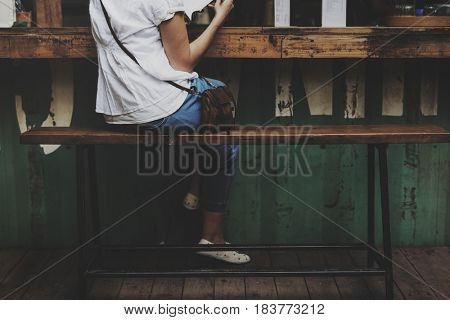 Woman holiday lifestyle writing dairy relax at cafe
