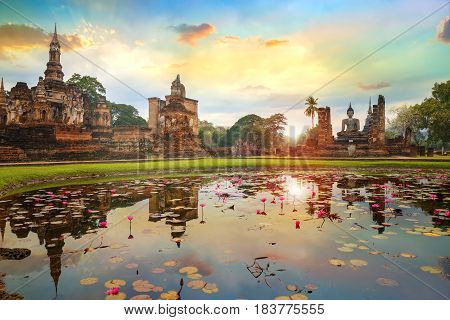 Sukhothai, Thailand - January 18 2017: Wat Mahathat Temple In The Precinct Of Sukhothai Historical P