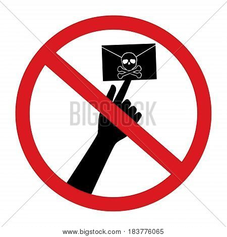 No click opne spam email with skull and cross bones computer virus in restrict sign isolated on white background. Vector illustration prohibited circle design.