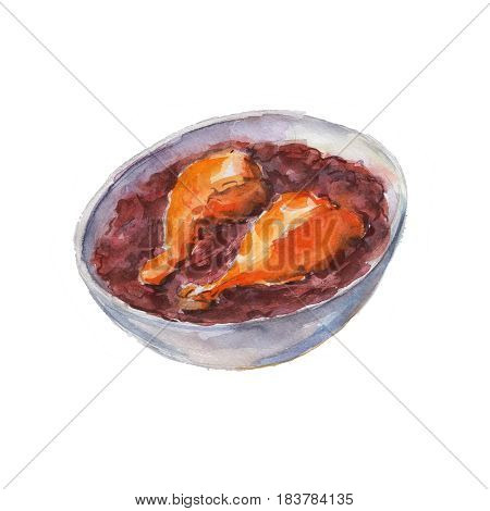 The chicken handi national dish isolated on white background watercolor illustration in hand-drawn style.
