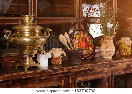 Unique ethnic restaurant interior. Traditional design. Ukrainian rural style and decorations. Europe, Ukraine.