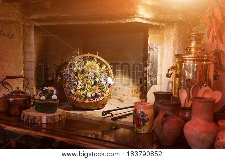 Unique ethnic restaurant interior. Traditional design. Ukrainian rural style and decorations. Europe, Ukraine.