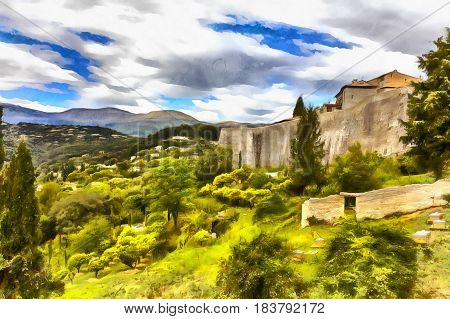 Colorful paintig of small town in the mountain valley, Saint-Paul-de-Vence, France