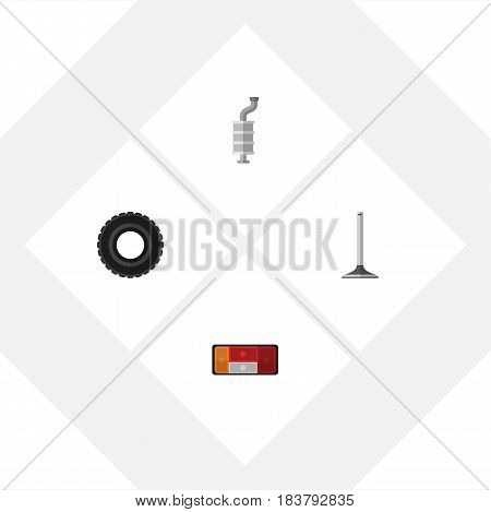 Flat Parts Set Of Headlight, Car Segment, Wheel And Other Vector Objects. Also Includes Tire, Valve, Muffler Elements.