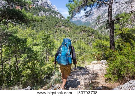 Hiking in famous Lycian Way in the Turkey. Backpacker in the trail.
