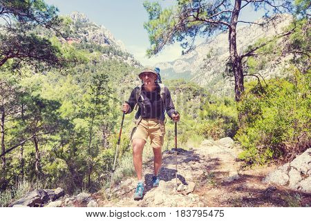 Hiking in famous Lycian Way in the Turkey. Backpacker in the trail.