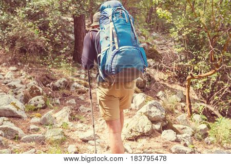 Hiking in famous Lycian Way in the Turkey. Backpacker in the trail.
