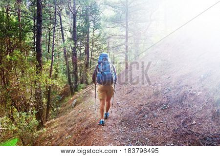 Hiking in famous Lycian Way in the Turkey. Backpacker in the trail.