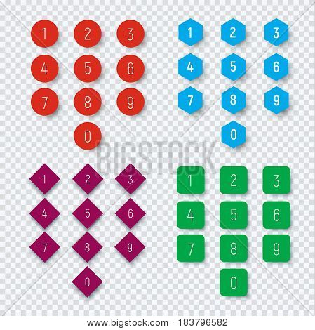 Numbers From 0 To 9 On A Round, Square, Hexagonal And Rhombic Button.