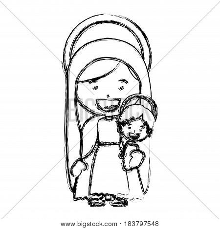 monochrome blurred silhouette of saint virgin mary with baby jesus vector illustration