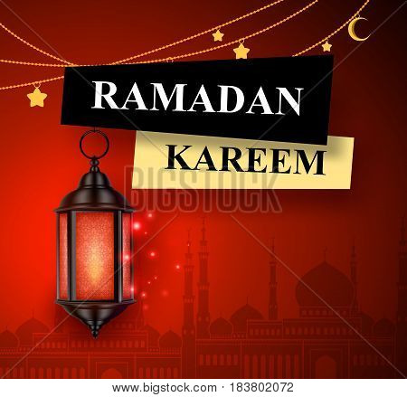 Ramadan kareem greeting vector banner design with hanging lantern or fanoos in red mosque background. Vector illustration.