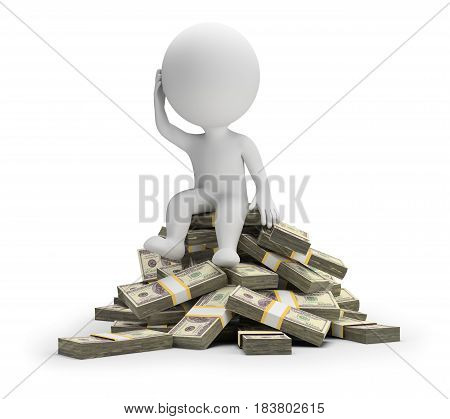 3d small person sitting in a pensive pose on a pile of money. 3d image. White background.