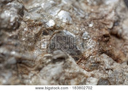 Macro photo of weathered mica minerals in coarse grained quartz rock.