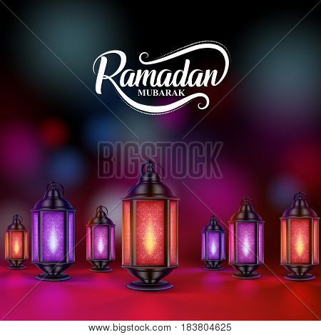 Ramadan mubarak vector design with colorful lanterns or fanoos in dark night background. Vector illustration.