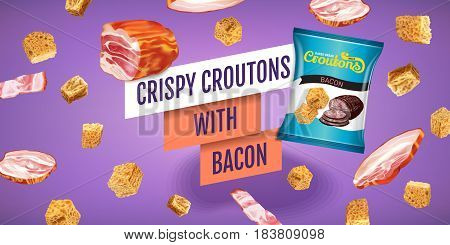Crispy croutons ads. Vector realistic illustration of croutons with bacon. Horisontal banner with product.