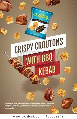 Crispy croutons ads. Vector realistic illustration of croutons with BBQ kebab. Vertical poster with product.