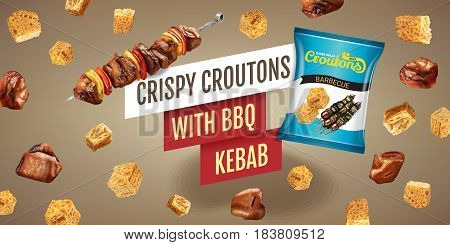 Crispy croutons ads. Vector realistic illustration of croutons with BBQ kebab. Horisontal banner with product.